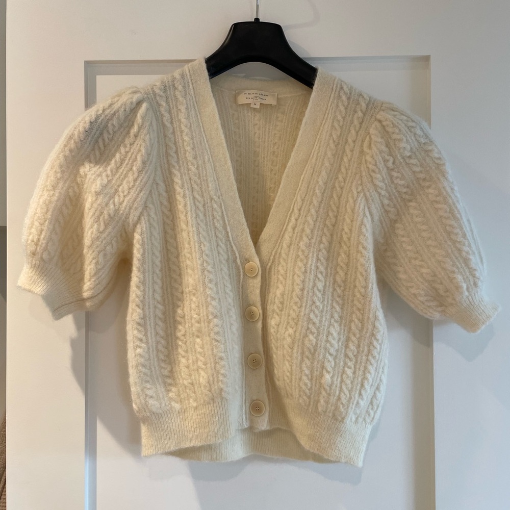 Sezane | Cream Cable-Knit Puff Sleeve Cardigan (M)